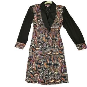 Vintage Vivi Womens Paisley Button Down Dress S Black Shawl Neck Sheer Sleeve